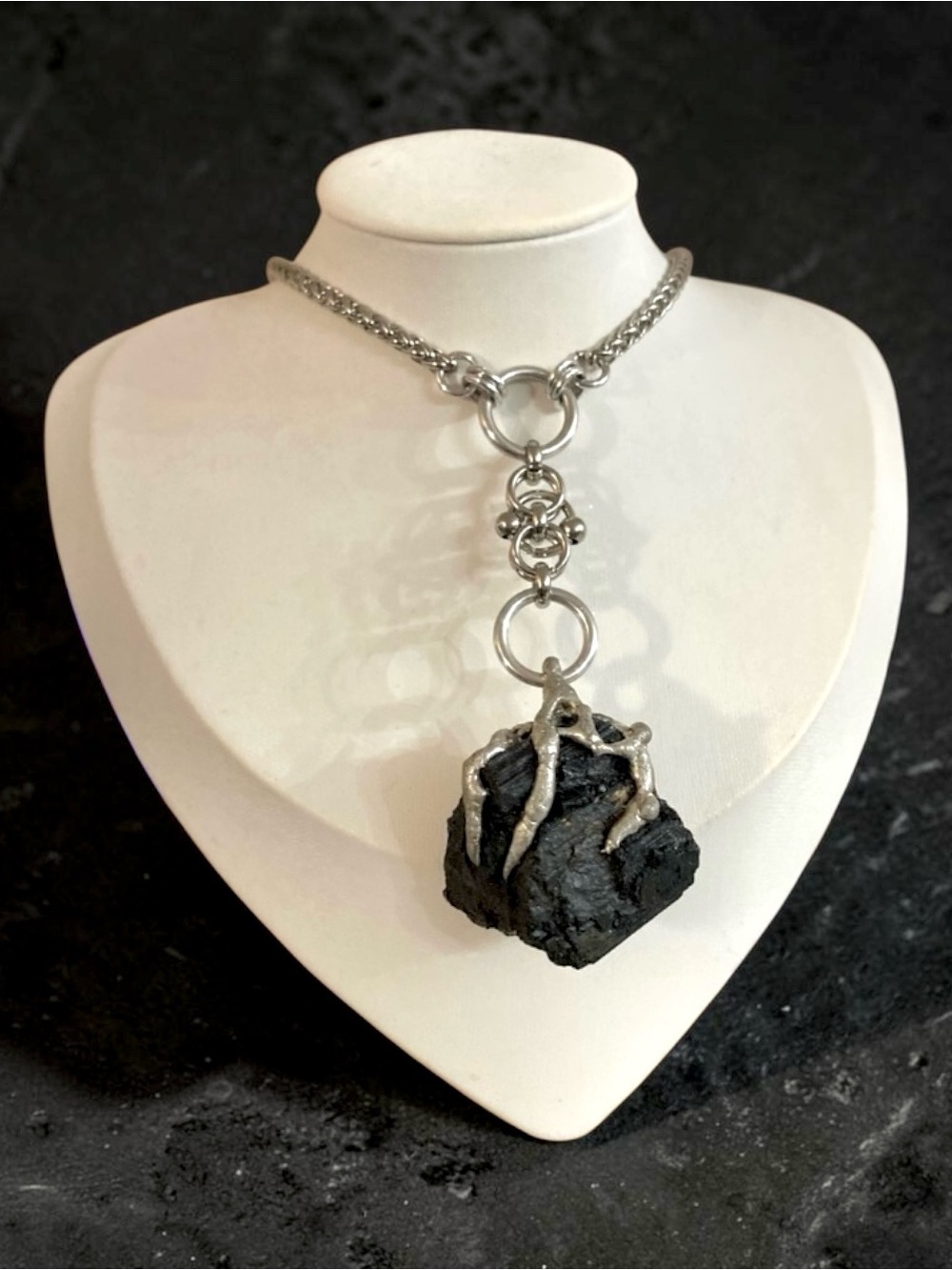 Black tourmaline gem stainless steel maille celtic knot lariat Y shape necklace